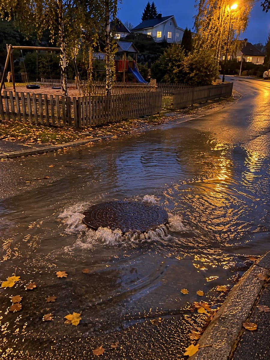 Bilde av vann som strømmer opp av en kum i veien ved en lekeplass